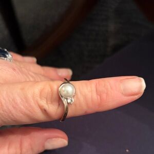 Silver Pearl and Diamond Accent Ring
